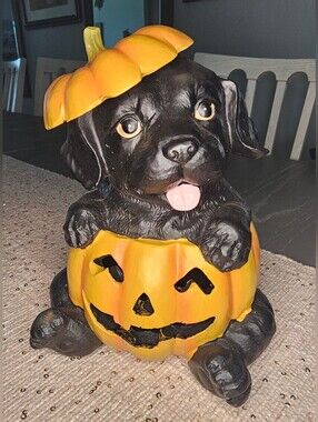 NWT! Halloween LED Lighted Black Lab Puppy In A Jack O Lantern Decor 🎃
